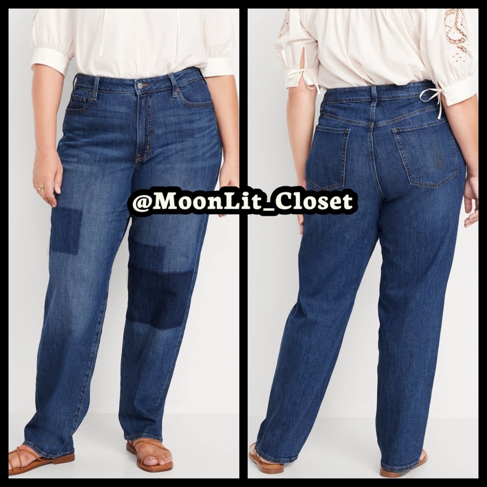 Old Navy High-Waisted OG Loose Laser Patch Jeans Medium Wash Patch Size 22